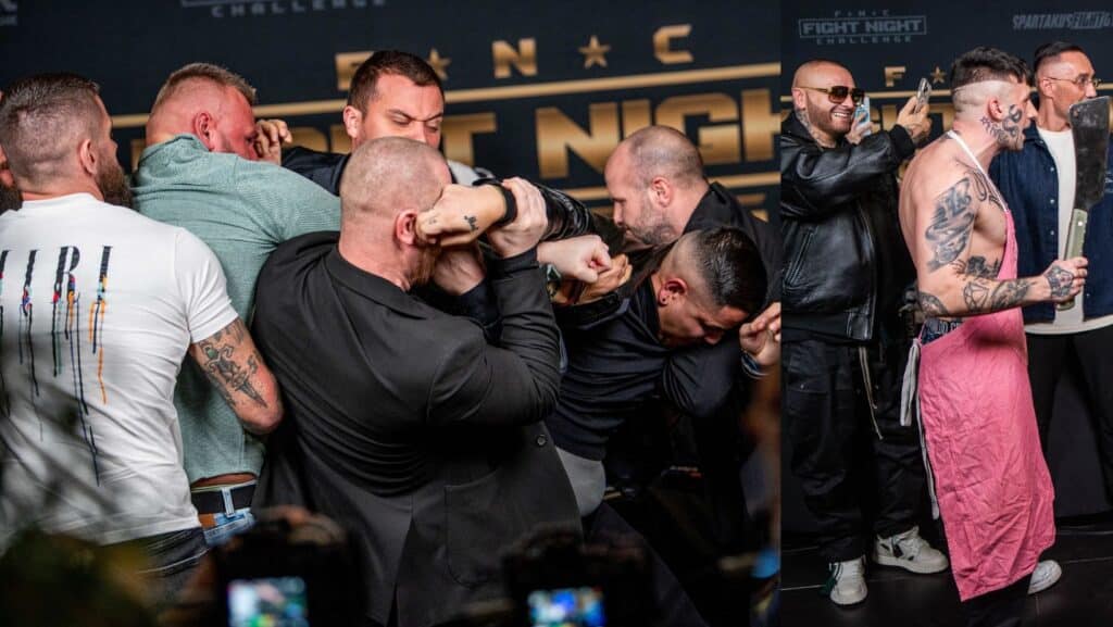 VIDEO: Poriadna mela ťažkých váh na staredowne, Flexking v zástere a so sekáčom na mäso, či vulgárny Barón na vozíku. Organizácia Fight Night Challenge predstavila na tlačovke zápasovú kartu